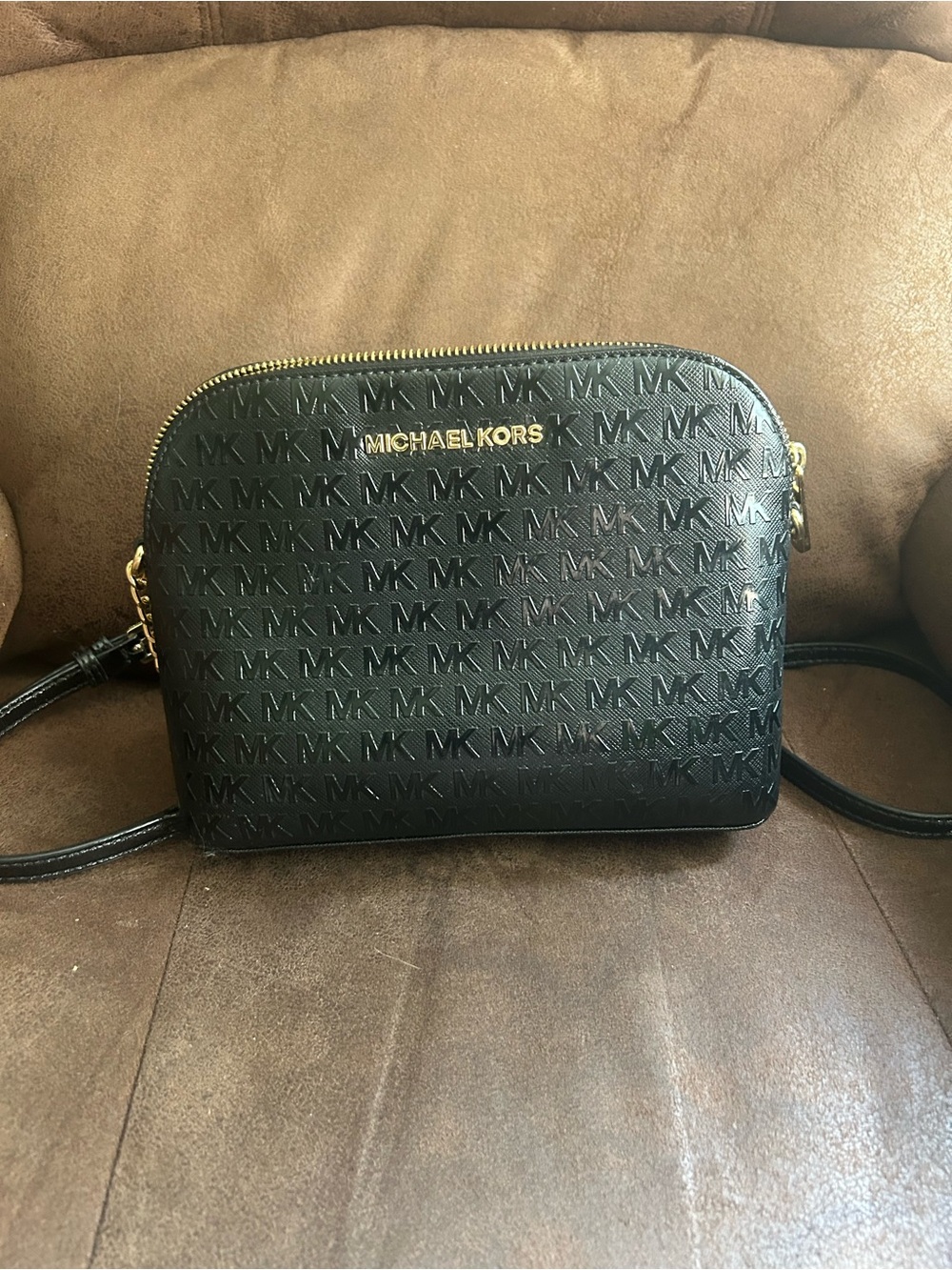 Michael Kors Black Logo-Embossed Dome Crossbody with Gold Accents